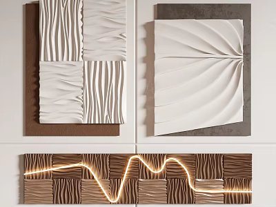 Textured 3D Wall Decor with Brown White Patterns Fan Shaped Design and Wavy LED Light 3d model
