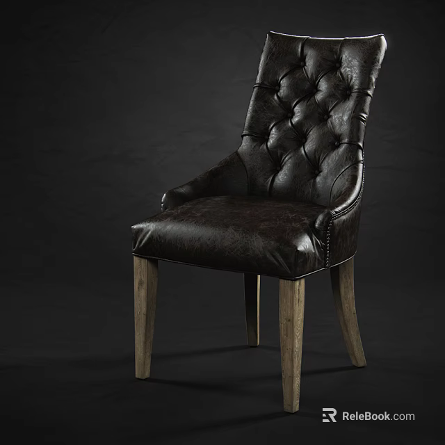 Classic Leather Dining Chair With Tufted Backrest And Wooden Legs 3d model 