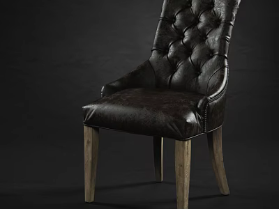 Classic Leather Dining Chair With Tufted Backrest And Wooden Legs 3d model