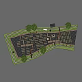 Rural Landscape With Rice Fields Wooden Walkways Thatched Pavilions Windmill Cottages Ponds And Green Trees