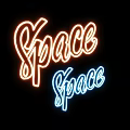 Vibrant Neon Decorative Lights with Space Word in Orange and Blue on Black Background