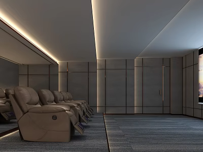 Modern Home Theater Room Interior With Gray Paneled Walls And Brown Leather Recliners 3d model