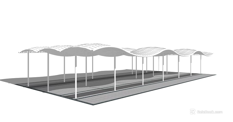 Sleek Modern Outdoor Pergola Design With Wavy White Canopy And White Support Columns 3d model 