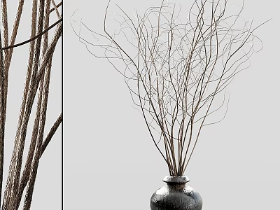 Minimalist Dark Ceramic Vase With Slender Curved Dried Branches For Home Decoration 3d model