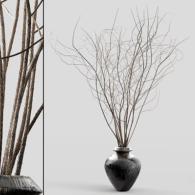 Minimalist Dark Ceramic Vase With Slender Curved Dried Branches For Home Decoration 3d model