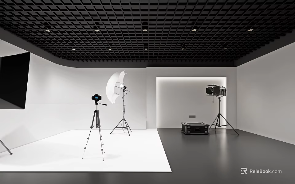 Professional Photography Studio Setup With Tripods Softbox Lighting And White Backdrop 3d model 