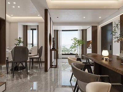 Modern Restaurant Interior Design With Open Layout Dining Table Chairs Soft Lighting And Decorative Plants 3d model