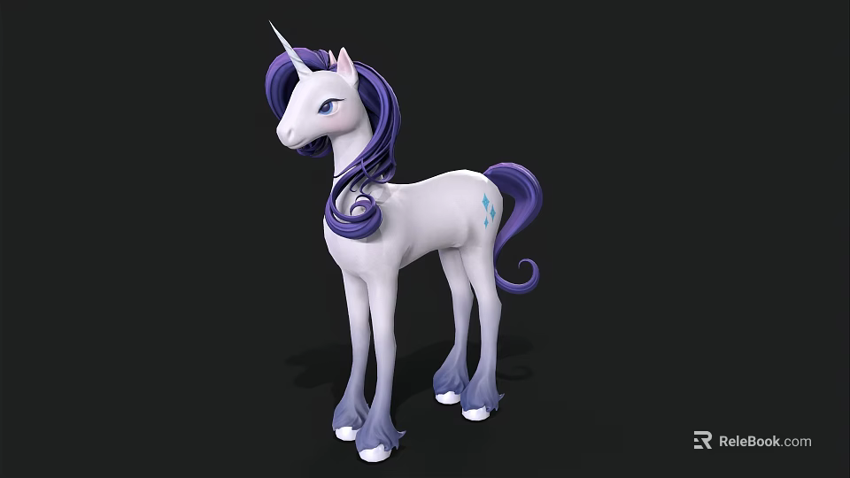 White Unicorn Toy With Purple Curly Mane Tail And Blue Marking 3d model 