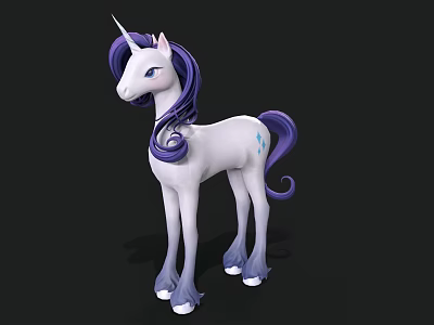 White Unicorn Toy With Purple Curly Mane Tail And Blue Marking 3d model