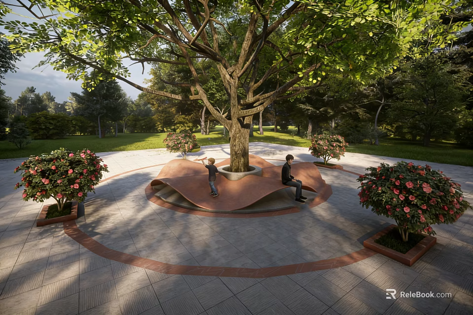 Tree Pit Landscape With Large Tree People Sitting And Flower Beds In Park Area 3d model 
