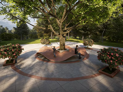 Tree Pit Landscape With Large Tree People Sitting And Flower Beds In Park Area 3d model