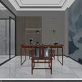 Chinese Style Leisure Area Interior Design With Landscape Mural Wooden Table Chairs Glass Partition