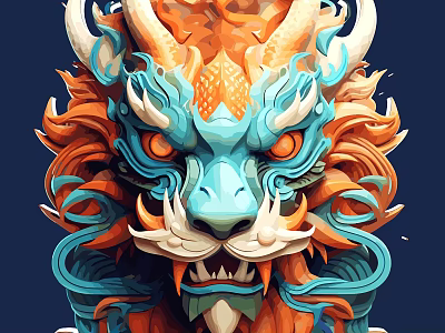 Colorful Dragon Lion Head Sculpture With Detailed Carving And Artistic Design 3d model