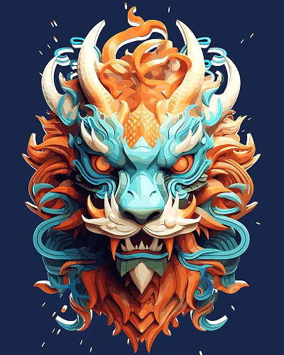 Colorful Dragon Lion Head Sculpture With Detailed Carving And Artistic Design 3d model