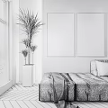 Modern Interior With Gray Wall Abstract Paintings Sofa Green Plant And Wooden Floor