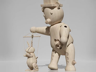 Wooden Bear Doll With Hat Holding Carved Rabbit Puppet And Detailed Craft Design 3d model