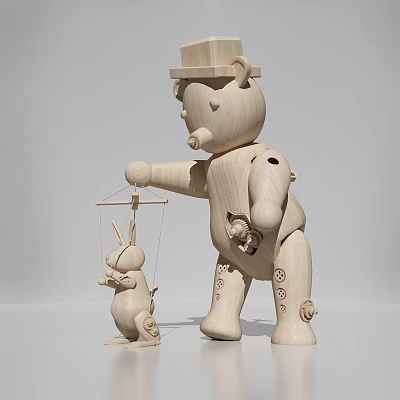 Wooden Bear Doll With Hat Holding Carved Rabbit Puppet And Detailed Craft Design 3d model