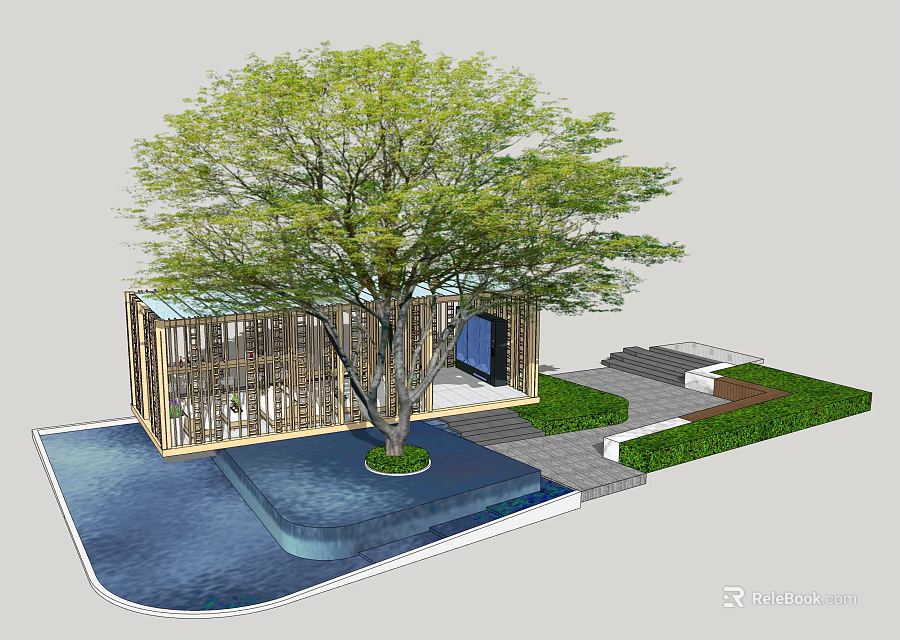 Scenic Garden Design With Large Shady Tree Wooden Pavilion Water Pool Stone Steps Green Grass 3d model 