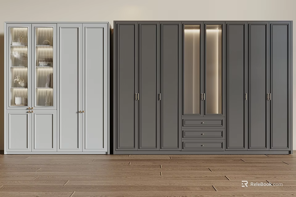 Modern Style Decorative Cabinets With Light Gray And Dark Gray Glass Doors And Wooden Floor 3d model 