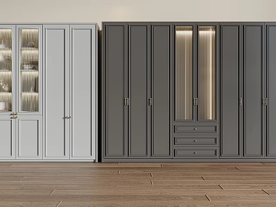 Modern Style Decorative Cabinets With Light Gray And Dark Gray Glass Doors And Wooden Floor 3d model