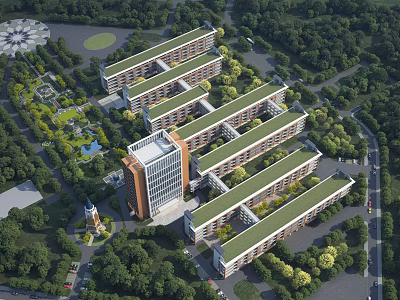School Buildings in Aerial View Featuring Green Roofs Surrounded by Trees and Campus Landscaping 3d model