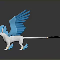 White Fantasy Creature With Blue Feathered Wings Standing As 3D Art Sculpture Model