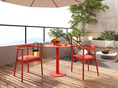 Red Outdoor Leisure Chairs On Wooden Balcony With Round Table And Green Plants 3d model