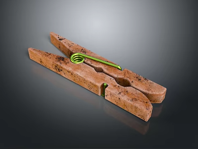 Practical Wooden Clothespin with Green Spring for Household Daily Use and Drying Clothes 3d model