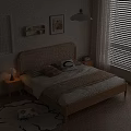 Wooden Double Bed With Woven Headboard Pillows Blanket Nightstand Table Lamp Window Blinds And Wall Art