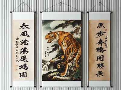 Traditional Chinese Tiger Animal Painting On Scroll With Mountain Waterfall Artwork 3d model