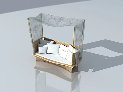Elegant Banquette Sofa With Floral Transparent Canopy Golden Frame And White Cushions 3d model