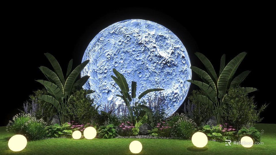 Lush Green Plants And Flower Bushes With Blue Moon Glowing Spherical Lights On Grassy Ground 3d model 