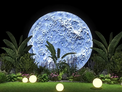 Lush Green Plants And Flower Bushes With Blue Moon Glowing Spherical Lights On Grassy Ground 3d model