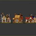 Cartoon Scene Featuring Colorful Small Houses With Various Roofs Unique Designs And Green Grass Base