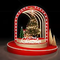 Christmas Display With Red Arched Frame Lights Decorated Tree And Merry Sign