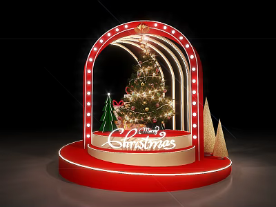Christmas Display With Red Arched Frame Lights Decorated Tree And Merry Sign 3d model