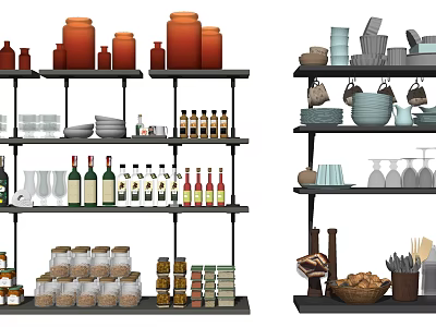 Practical Kitchen Shelving Unit Organized with Jars Bottles Bowls Cups Plates and Bread 3d model