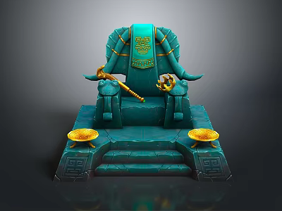 Ornate Teal Throne With Golden Bull Horn Armrests Steps And Decorative Bowls 3d model
