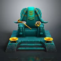Ornate Teal Throne With Golden Bull Horn Armrests Steps And Decorative Bowls