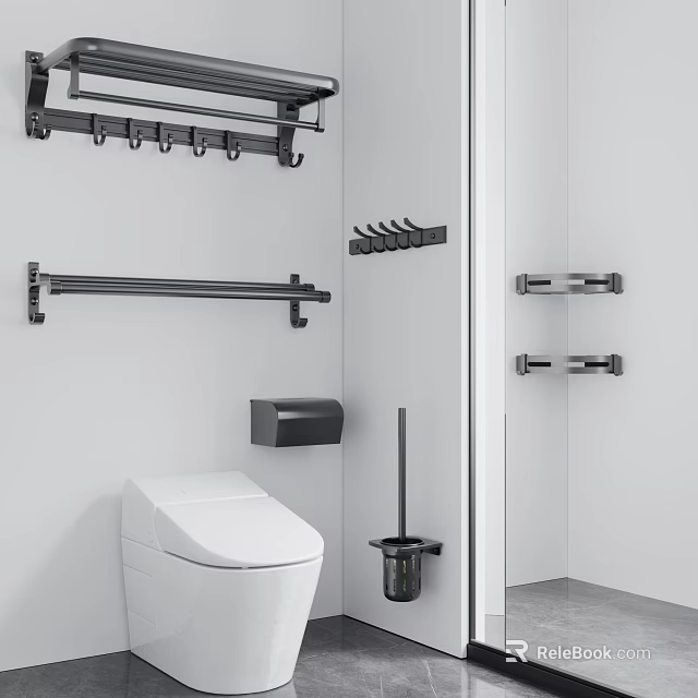 Bathroom Set with Toilet Hanger Towel Bar Toilet Paper Holder and Shelves Modern Minimalist Design 3d model 