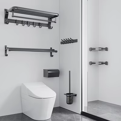 Bathroom Set with Toilet Hanger Towel Bar Toilet Paper Holder and Shelves Modern Minimalist Design 3d model