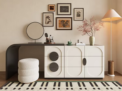 Elegant Modern Dressing Table With Round Mirror Framed Artworks Cosmetics Floor Lamp And Patterned Rug 3d model