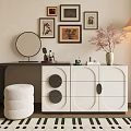 Elegant Modern Dressing Table With Round Mirror Framed Artworks Cosmetics Floor Lamp And Patterned Rug