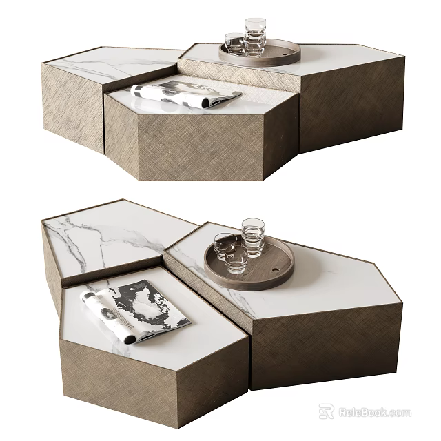Hexagonal Modular Coffee Table Featuring Marble Top Woven Wood Frame Tray Glass Cups And Magazine 3d model 