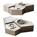 Hexagonal Modular Coffee Table Featuring Marble Top Woven Wood Frame Tray Glass Cups And Magazine