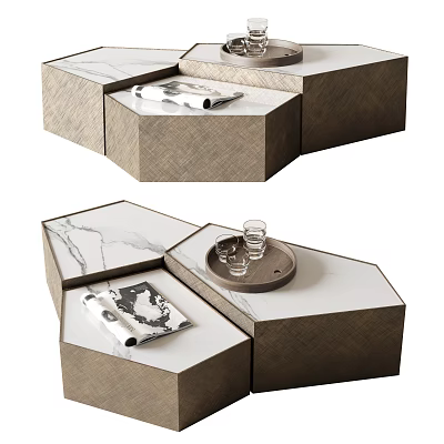Hexagonal Modular Coffee Table Featuring Marble Top Woven Wood Frame Tray Glass Cups And Magazine 3d model