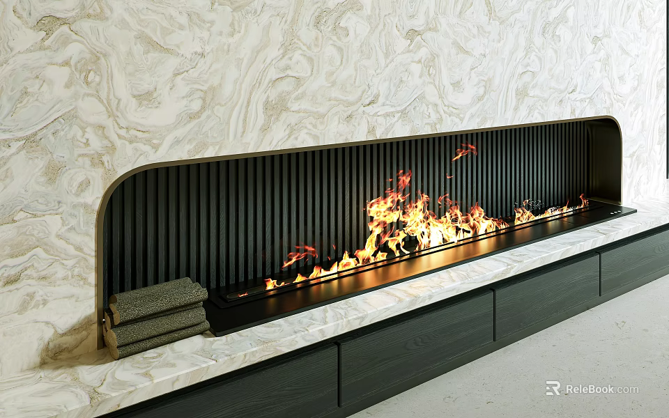 Modern Fireplace Design With Marble Background Black Grille Flames And Towels On Countertop Cabinets Below 3d model 