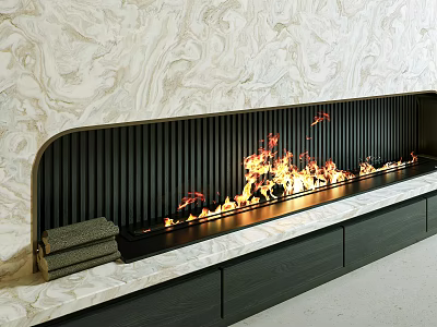 Modern Fireplace Design With Marble Background Black Grille Flames And Towels On Countertop Cabinets Below 3d model