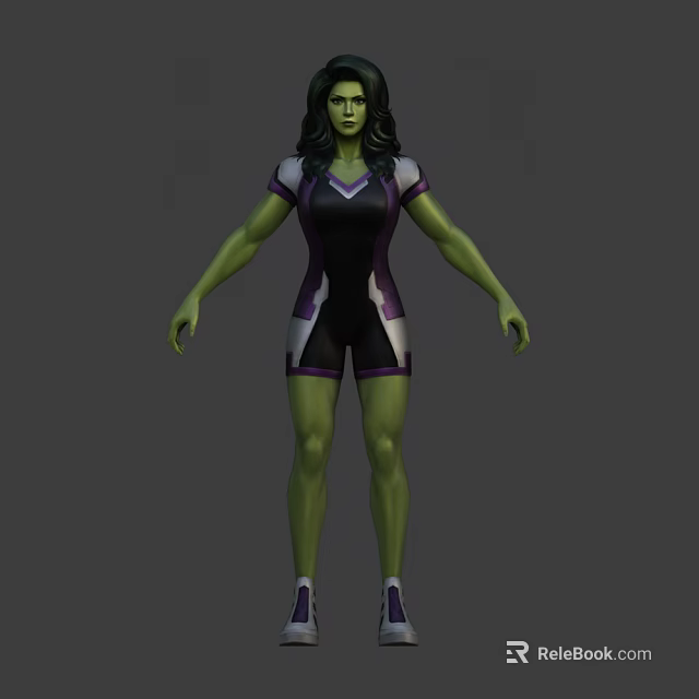 Game And Movie Character She-Hulk With Green Skin Black Purple Short Sleeves Shorts Outfit 3d model 