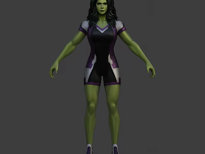Game And Movie Character She-Hulk With Green Skin Black Purple Short Sleeves Shorts Outfit 3d model